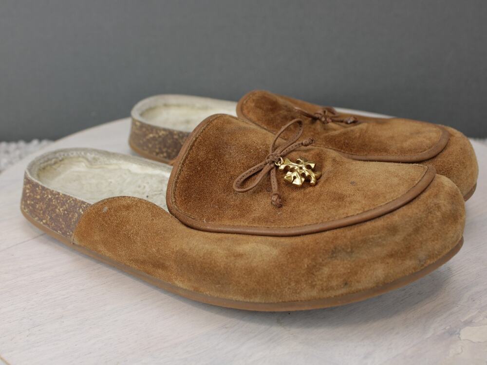 Tory Burch Shearling Lined Suede Slippers Womens 8 Brown Cozy Slip On
